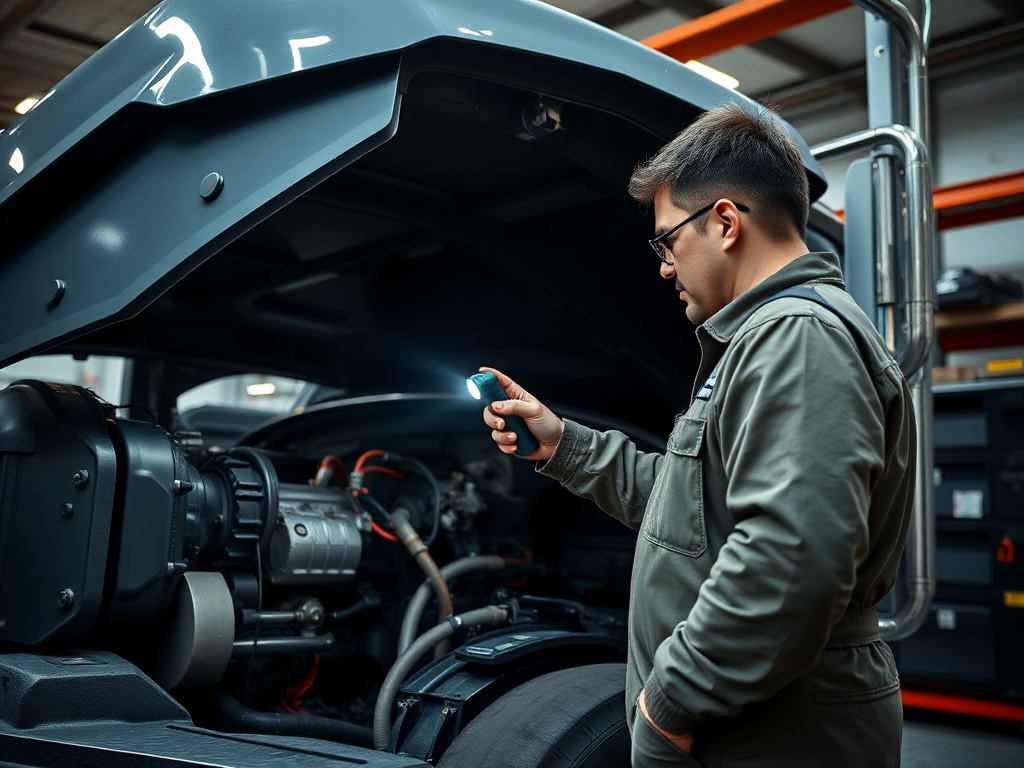 Diesel mechanic technician inspecting the open engine bay of a heavy duty diesel pickup truck during a coverage evaluation